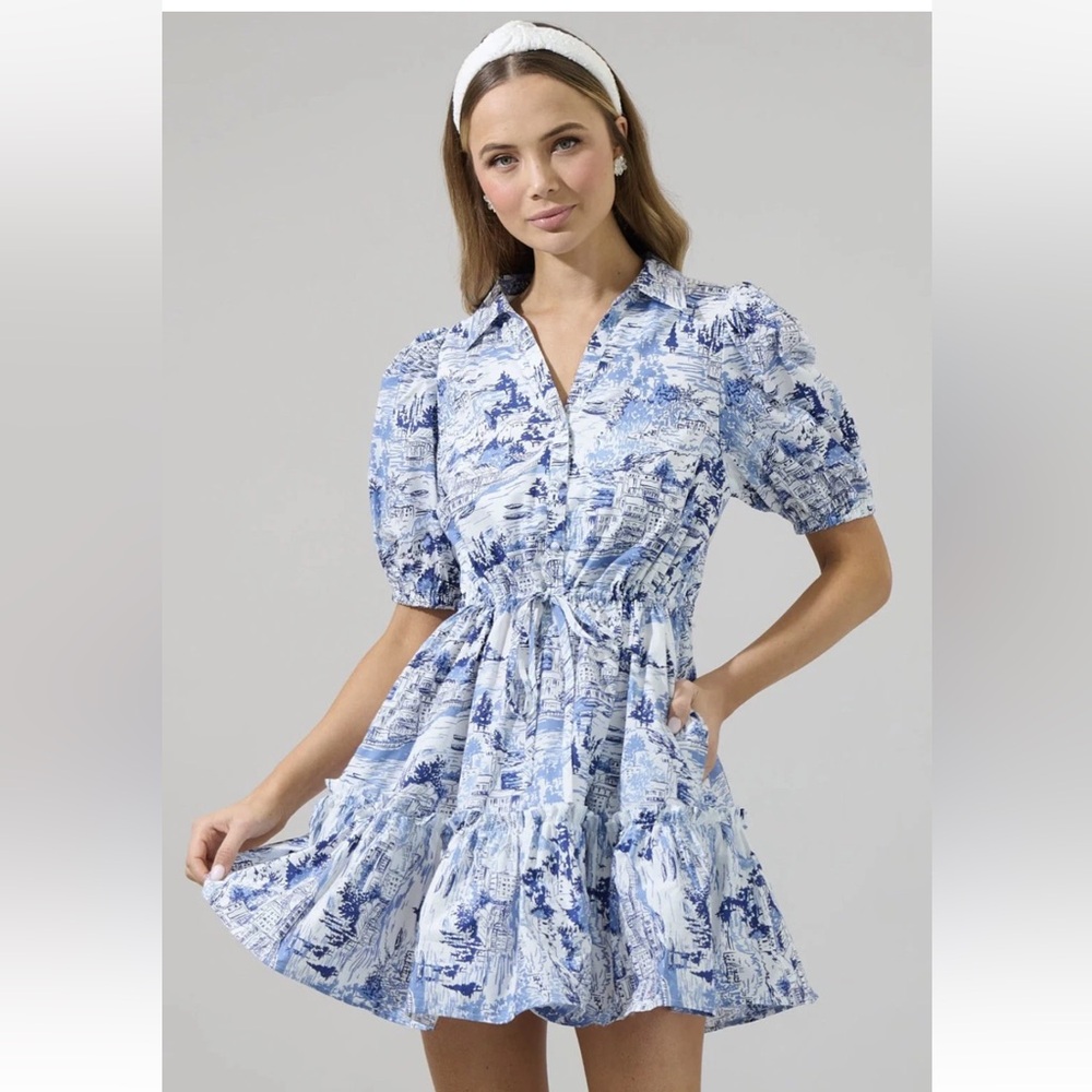 Sugarlips Blue and White Scenic Midi Dress Francine Blue Toile Stacie Size M